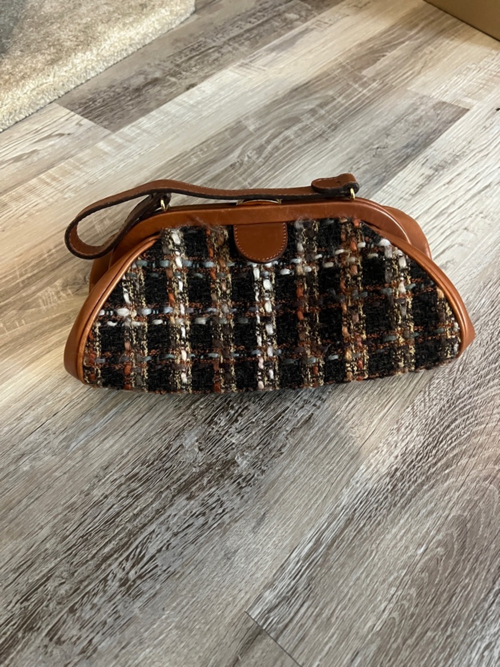 Saks Fifth Avenue Brown and Black Tweed Wristlet with Tan Leather Trim